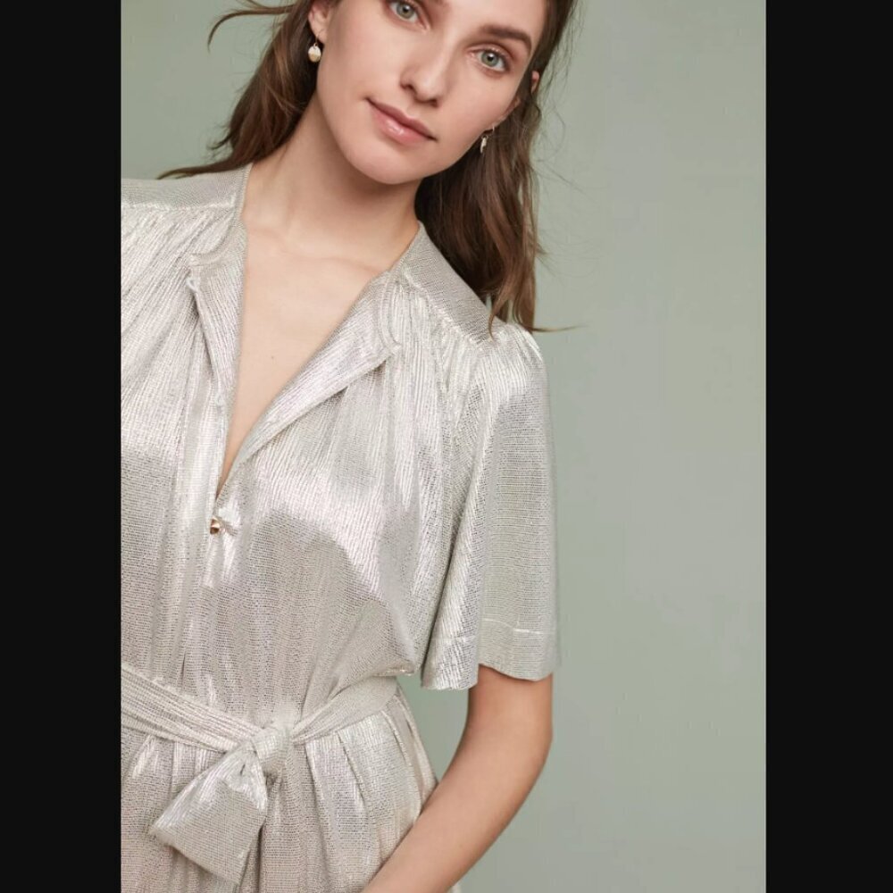 Anthropologie Sabina Musayev Mercury Metallic Gold Silver Shirt Dress S - Picture 4 of 11